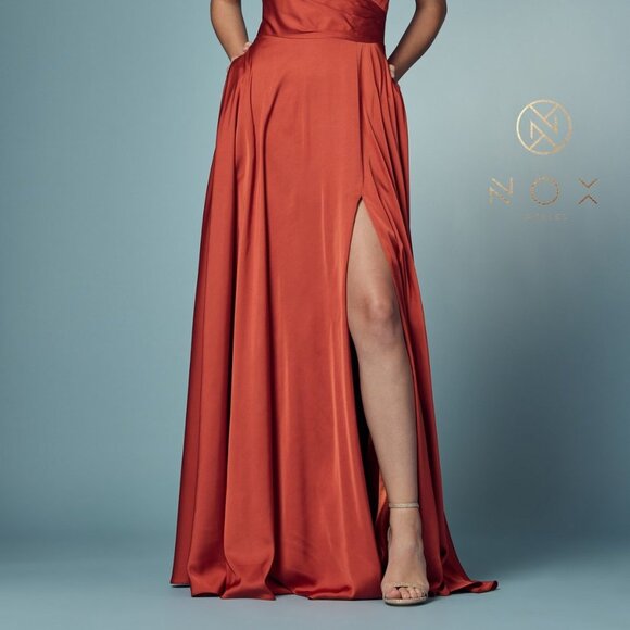 BURNT SIENNA COLOR SATIN OPEN BACK PROM PARTY A-LINE LONG GOWN DRESS NX1020 - Picture 2 of 5